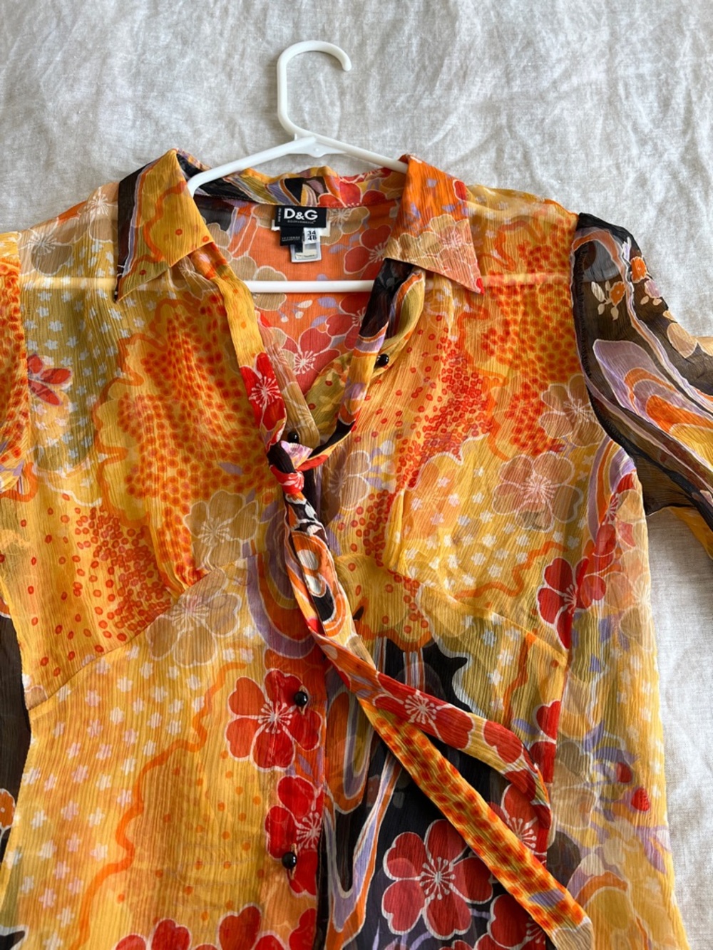 D&G Sheer Floral Button-Up Blouse in Yellow, Orange & Red